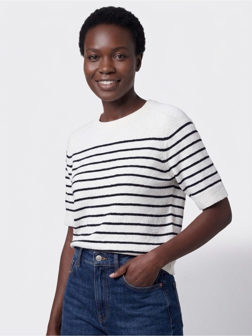 Universal Thread White Navy Striped Short Sleeve Sweater XL
